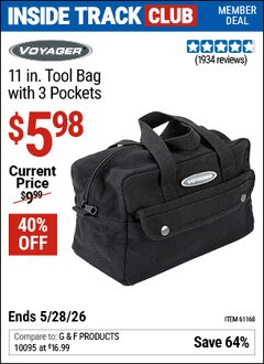 Harbor Freight ITC Coupon VOYAGER 11 IN. TOOL BAG WITH 3 POCKETS Lot No. 61168 Valid Thru: 5/28/26 - $5.98