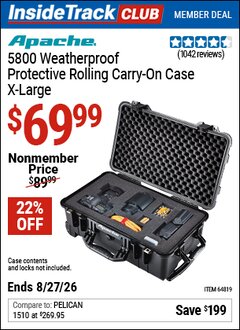 Harbor Freight ITC Coupon APACHE 5800 WEATHERPROOF PROTECTIVE ROLLING CARRY-ON CASE, X-LARGE Lot No. 64819 Valid Thru: 8/27/26 - $69.99