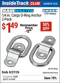Harbor Freight ITC Coupon HAUL-MASTER 1/4 IN. CARGO D-RING ANCHOR, 2-PACK Lot No. 60319/62756 Expired: 8/27/26 - $1.49