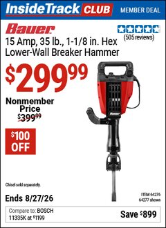 Harbor Freight ITC Coupon BAUER 15 AMP, 35 LB., 1-1/8 IN. HEX LOWER-WALL BREAKER HAMMER Lot No. 64277/64276 Valid Thru: 8/27/26 - $299.99