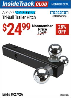 Harbor Freight ITC Coupon HAUL-MASTER TRIPLE-BALL TRAILER HITCH Lot No. 64286 Valid Thru: 8/27/26 - $24.99