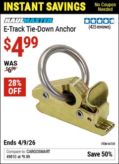 Harbor Freight Coupon HAUL-MASTER E-TRACK TIE-DOWN ANCHOR Lot No. 66728 Valid Thru: 4/9/26 - $4.99