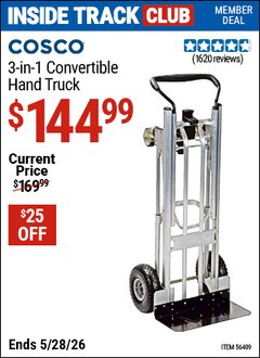 Harbor Freight ITC Coupon COSCO 3-IN-1 CONVERTIBLE HAND TRUCK Lot No. 56409 Expired: 5/28/26 - $144.99