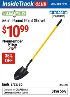 Harbor Freight ITC Coupon ONE STOP GARDENS 56 IN. ROUND POINT SHOVEL Lot No. 64924 Valid Thru: 8/27/26 - $10.99