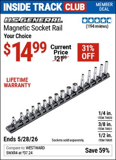 Harbor Freight ITC Coupon U.S. GENERAL MAGNETIC SOCKET RAIL Lot No. 70020/70021/70035 Expired: 5/28/26 - $14.99
