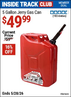 Harbor Freight ITC Coupon MIDWEST CAN 5 GALLON JERRY GAS CAN Lot No. 56418/99551 Expired: 5/28/26 - $49.99