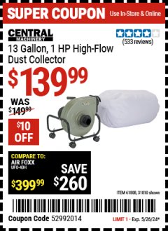 Harbor Freight Coupon 13 GALLON INDUSTRIAL PORTABLE DUST COLLECTOR Lot No. 61808/31810 Expired: 5/26/24 - $139.99