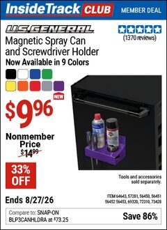 Harbor Freight ITC Coupon U.S. GENERAL MAGNETIC SPRAY CAN AND SCREWDRIVER HOLDER Lot No. 56450/56451/56452/56453/57281/64643/69320/72310 Valid Thru: 8/27/26 - $9.96