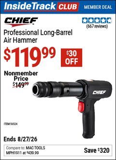 Harbor Freight ITC Coupon CHIEF PROFESSIONAL LONG-BARREL AIR HAMMER Lot No. 56524 Valid Thru: 8/27/26 - $119.99