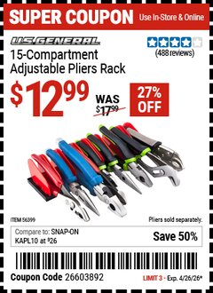 Harbor Freight Coupon U.S. GENERAL 15-COMPARTMENT ADJUSTABLE PLIERS RACK Lot No. 56399 Valid Thru: 4/26/26 - $12.99