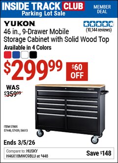Harbor Freight ITC Coupon YUKON 46 IN., 9-DRAWER MOBILE STORAGE CABINET WITH SOLID WOOD TOP Lot No. 56613/57439/57440/57805 Expired: 3/5/26 - $299.99