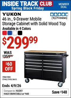 Harbor Freight ITC Coupon YUKON 46 IN., 9-DRAWER MOBILE STORAGE CABINET WITH SOLID WOOD TOP Lot No. 56613/57439/57440/57805 Expired: 4/9/26 - $299.99