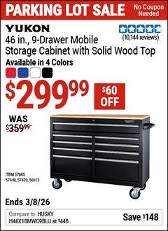 Harbor Freight Coupon YUKON 46 IN., 9-DRAWER MOBILE STORAGE CABINET WITH SOLID WOOD TOP Lot No. 56613/57439/57440/57805 Expired: 3/8/26 - $299.99