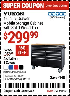 Harbor Freight Coupon YUKON 46 IN., 9-DRAWER MOBILE STORAGE CABINET WITH SOLID WOOD TOP Lot No. 56613/57439/57440/57805 Expired: 4/19/26 - $299.99