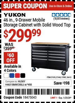Harbor Freight Coupon YUKON 46 IN., 9-DRAWER MOBILE STORAGE CABINET WITH SOLID WOOD TOP Lot No. 56613/57439/57440/57805 Expired: 1/25/26 - $299.99