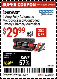Harbor Freight Coupon 4 AMP, 6/12 VOLT HIGH FREQUENCY BATTERY CHARGER/MAINTAINER Lot No. 63350 Expired: 6/23/24 - $29.99