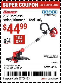 Harbor Freight Coupon BAUER 20V CORDLESS STRING TRIMMER &ndash; TOOL ONLY Lot No. 64995 Valid Thru: 8/16/26 - $44.99