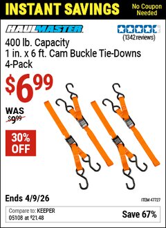 Harbor Freight Coupon HAUL-MASTER 400 LB. CAPACITY, 1 IN. X 6 FT. CAM BUCKLE TIE-DOWNS, 4-PACK Lot No. 47727 Valid Thru: 4/9/26 - $6.99