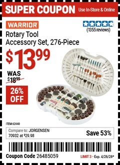 Harbor Freight Coupon WARRIOR ROTARY TOOL ACCESSORY SET, 276-PIECE Lot No. 62440 Valid Thru: 4/26/26 - $13.99