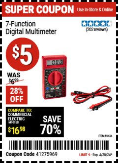 Harbor Freight Coupon CEN-TECH 7 FUNCTION DIGITAL MULTIMETER Lot No. 30756/69096/63604/63759/63758/98025 Expired: 4/28/24 - $5