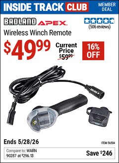 Harbor Freight ITC Coupon BADLAND APEX WIRELESS WINCH REMOTE Lot No. 56504 Expired: 5/28/26 - $49.99