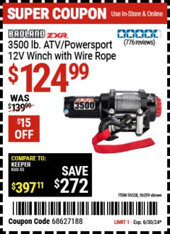 Harbor Freight Coupon 3500 LB. ATV/POWERSPORT 12V WINCH WITH AUTOMATIC LOAD-HOLDING BRAKE Lot No. 56528/56259 Expired: 6/30/24 - $124.99