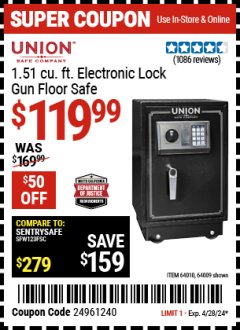 Harbor Freight Coupon 1.51 CUBIC FT. ELECTRONIC GUN FLOOR SAFE Lot No. 64010/64009 Expired: 4/28/24 - $119.99