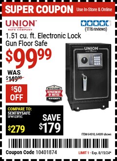 Harbor Freight Coupon UNION SAFE COMPANY 1.51 CU. FT. ELECTRONIC LOCK GUN FLOOR SAFE Lot No. 64009/64010 Expired: 8/15/24 - $99.99