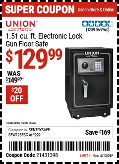 Harbor Freight Coupon UNION SAFE COMPANY 1.51 CU. FT. ELECTRONIC LOCK GUN FLOOR SAFE Lot No. 64009/64010 Valid Thru: 4/13/26 - $129.99