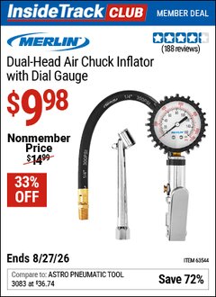Harbor Freight ITC Coupon MERLIN DUAL-HEAD AIR CHUCK INFLATOR WITH DIAL GAUGE Lot No. 63544 Valid Thru: 8/27/26 - $9.98