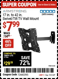 Harbor Freight Coupon ARMSTRONG 17" TO 42" SWIVEL/TILT TV WALL MOUNT Lot No. 64238 Expired: 7/21/24 - $7.99