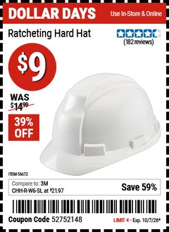 Harbor Freight Coupon WORKHORSE RATCHETING HARD HAT Lot No. 56672 Expired: 10/7/26 - $9