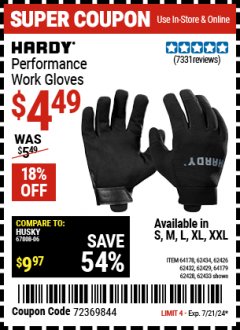 Harbor Freight Coupon HARDY MECHANICS GLOVES Lot No. 62434, 62426, 62433, 62432, 62429, 64179, 62428, 64178 Expired: 7/21/24 - $4.49