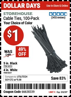Harbor Freight Coupon STOREHOUSE CABLE TIES, 100-PACK Lot No. 60254/60257 Valid Thru: 5/6/26 - $1