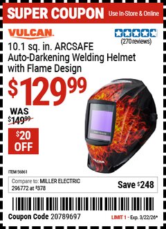 Harbor Freight Coupon VULCAN 10.1 SQ. IN. ARCSAFE AUTO-DARKENING WELDING HELMET WITH FLAME DESIGN Lot No. 56861 Expired: 3/22/26 - $129.99