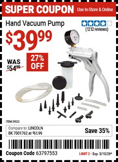 Harbor Freight Coupon MITYVAC HAND VACUUM PUMP Lot No. 39522 Valid Thru: 5/10/26 - $39.99