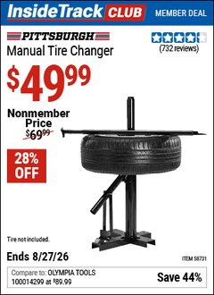 Harbor Freight ITC Coupon PITTSBURGH MANUAL TIRE CHANGER Lot No. 58731 Valid Thru: 8/27/26 - $49.99