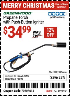 Harbor Freight Coupon GREENWOOD PROPANE TORCH WITH PUSH BUTTON IGNITER Lot No. 61595/57062/91037 Expired: 12/28/25 - $34.99