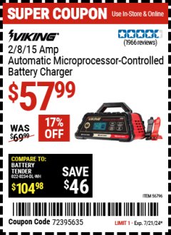 Harbor Freight Coupon VIKING 2/8/15 AMP ATOMATIC MICROPROCESSOR CONTROLLED BATTERY CHARGER Lot No. 56796 Expired: 7/21/24 - $57.99