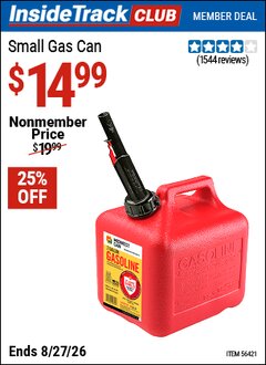 Harbor Freight ITC Coupon MIDWEST CAN SMALL GAS CAN Lot No. 56421 Valid Thru: 8/27/26 - $14.99