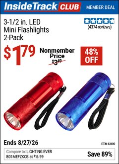 Harbor Freight ITC Coupon 3-1/2 IN. LED MINI FLASHLIGHTS, 2-PACK Lot No. 63600/63876 Valid Thru: 8/27/26 - $1.79