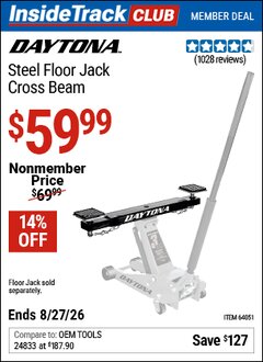 Harbor Freight ITC Coupon DAYTONA STEEL FLOOR JACK CROSS BEAM Lot No. 64051 Valid Thru: 8/27/26 - $59.99