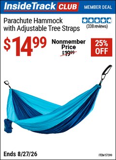 Harbor Freight ITC Coupon PARACHUTE HAMMOCK WITH ADJUSTABLE TREE STRAPS Lot No. 57399 Valid Thru: 8/27/26 - $14.99