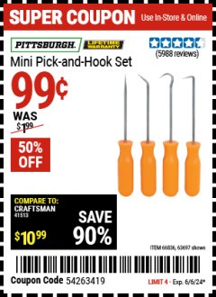 Harbor Freight Coupon PITTSBURG MINI PICK AND HOOK SET Lot No. 63697, 66836, 94500, 63765, 34328 Expired: 6/6/24 - $0.99