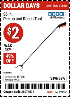 Harbor Freight Coupon 36 IN. PICKUP AND REACH TOOL Lot No. 61413 Expired: 5/20/26 - $2