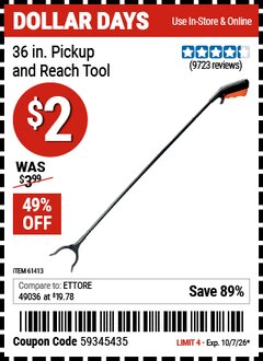 Harbor Freight Coupon 36 IN. PICKUP AND REACH TOOL Lot No. 61413 Expired: 10/7/26 - $2
