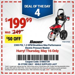 Harbor Freight Coupon 2300 PSI, 1.2 GPM BRUSHLESS MAX. PERFORMANCE ELECTRIC PRESSURE WASHER Lot No. 57656 Expired: 5/16/24 - $199.99