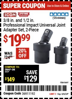 Harbor Freight Coupon 3/8 IN. AND 1/2 IN. IMPACT JOINT ADAPTER SET 2 PC Lot No. 56697 Expired: 6/6/24 - $19.99