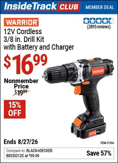Harbor Freight ITC Coupon WARRIOR 12V CORDLESS, 3/8 IN. DRILL KIT WITH BATTERY AND CHARGER Lot No. 57366 Valid Thru: 8/27/26 - $16.99