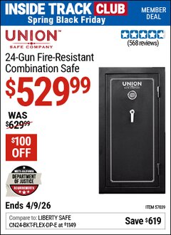Harbor Freight ITC Coupon UNION SAFE COMPANY 24-GUN FIRE-RESISTANT COMBINATION SAFE Lot No. 57039 Expired: 4/9/26 - $529.99